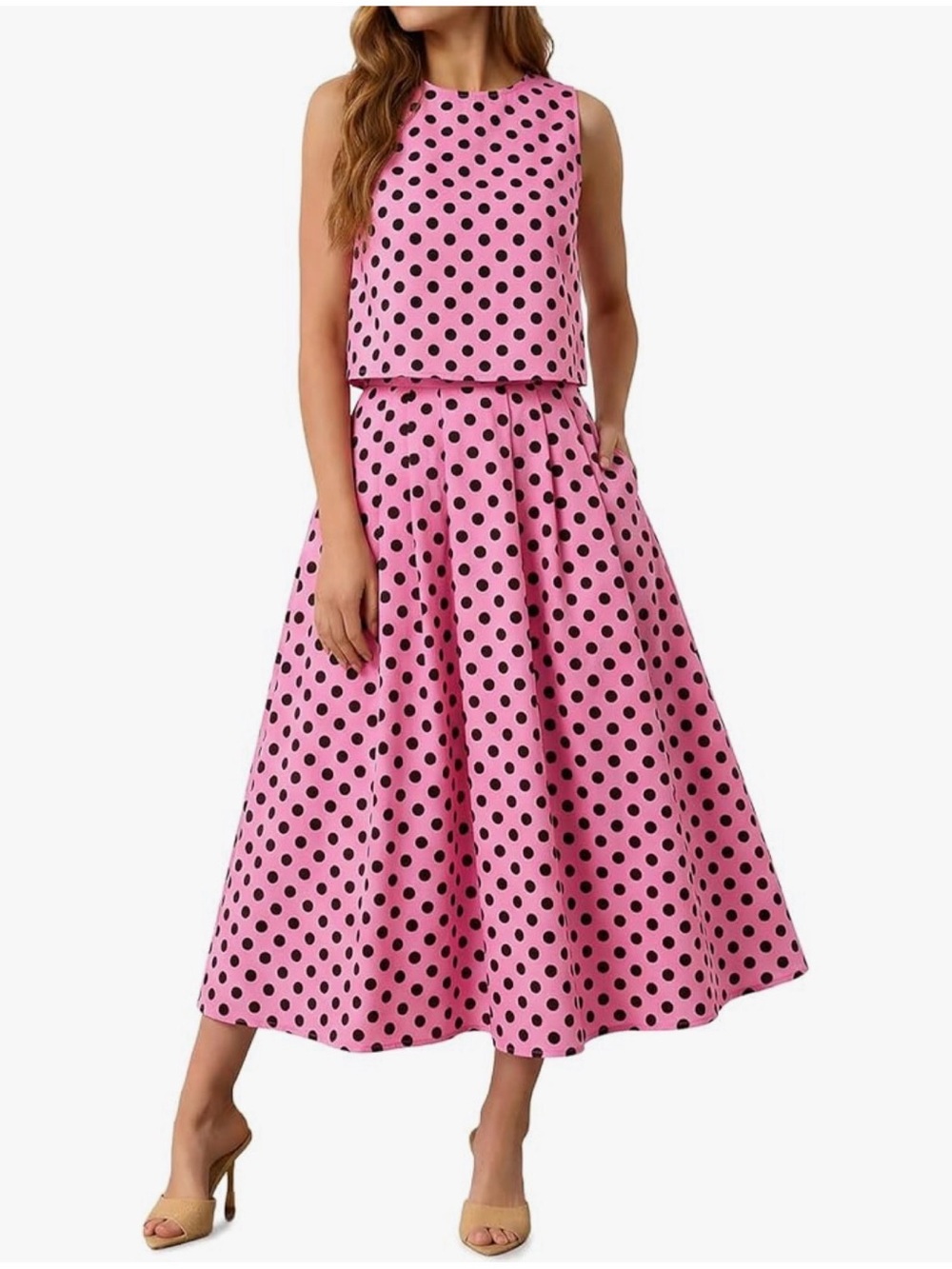 NWT Pink Black Polka Dot Sleeveless Midi Skirt Set-S